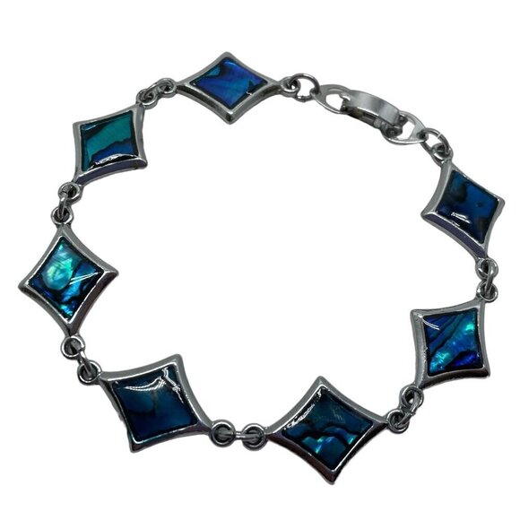 Silver Tone Metal and Blue Swirls Bracelet Lightweight Jointed Bracelet - Picture 1 of 7